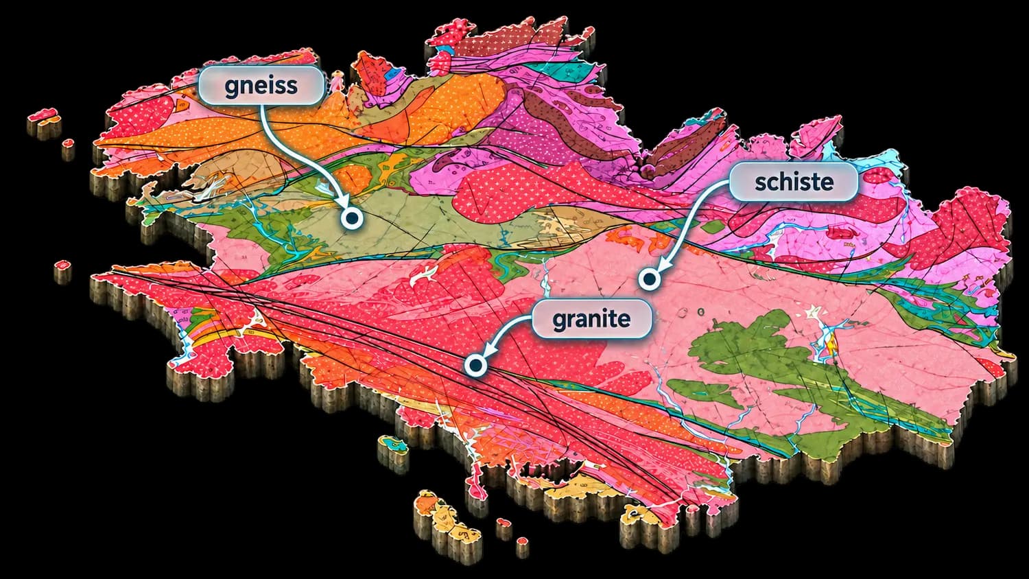 Carte géologique illustrée de la Bretagne avec des panneaux indiquant le gneiss, le schiste et le granite