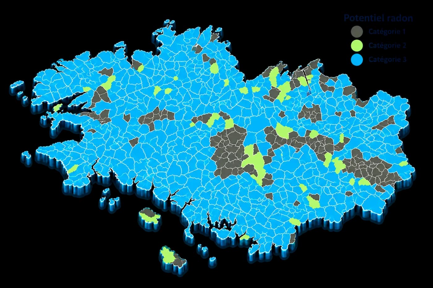 Carte du potentiel radon des communes de Bretagne classées en trois catégories