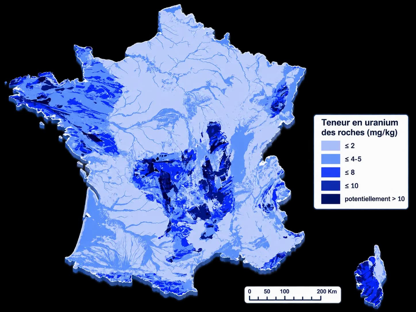 Carte de France représentant la teneur en uranium des roches
