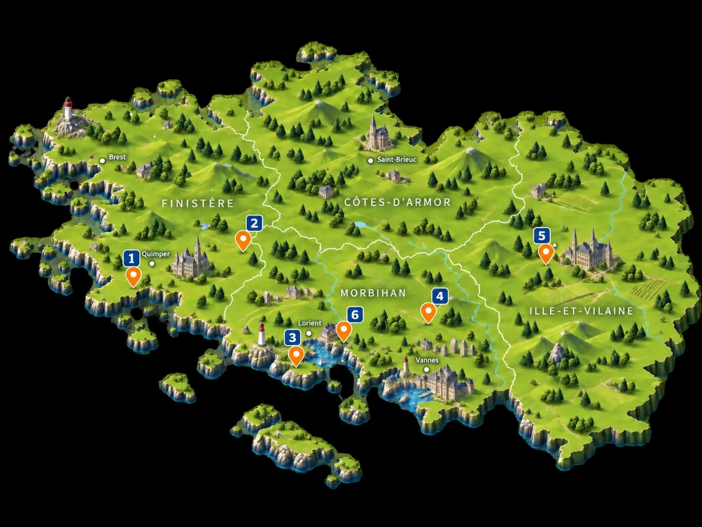 Carte de Bretagne localisant six diagnostiqueurs radon