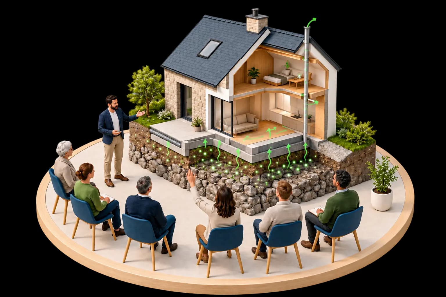 Réunion d'information autour d'un bâtiment exposé au radon