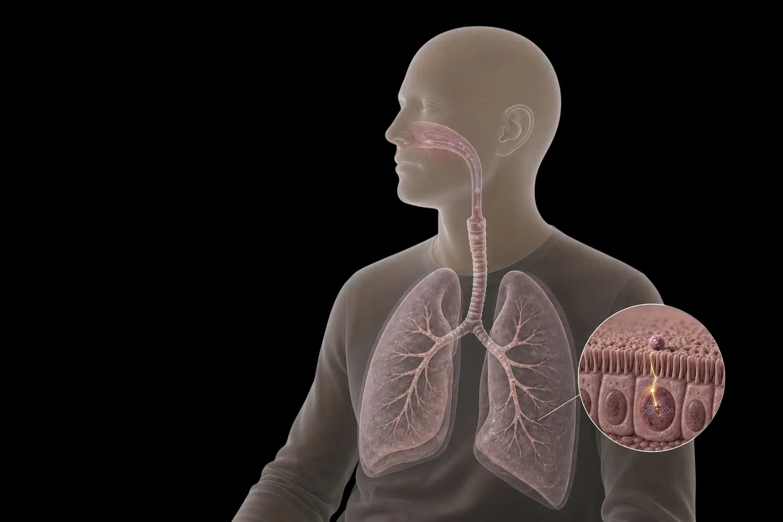 Illustration des voies respiratoires et des poumons, avec un agrandissement montrant une particule alpha atteignant l’ADN d’une cellule