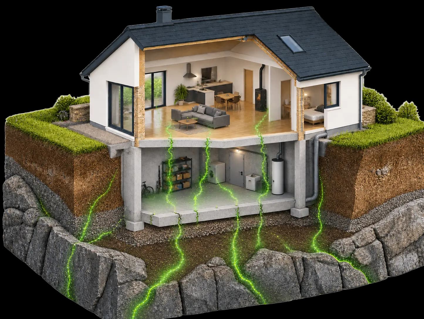 Maison en coupe montrant les remontées de radon depuis le sol vers l’intérieur