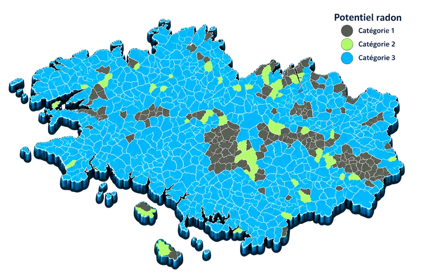 Carte du potentiel radon des communes de Bretagne classées en trois catégories