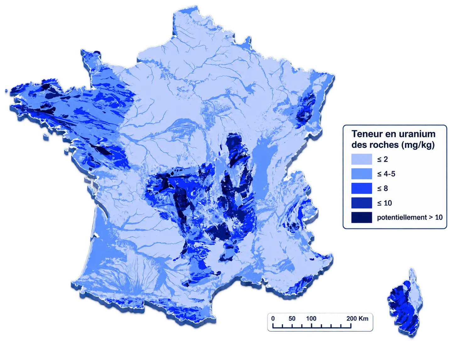 Carte de France représentant la teneur en uranium des roches